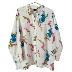 20 South 100% Linen Button Front Floral Long Sleeve Blouse Womens 1X